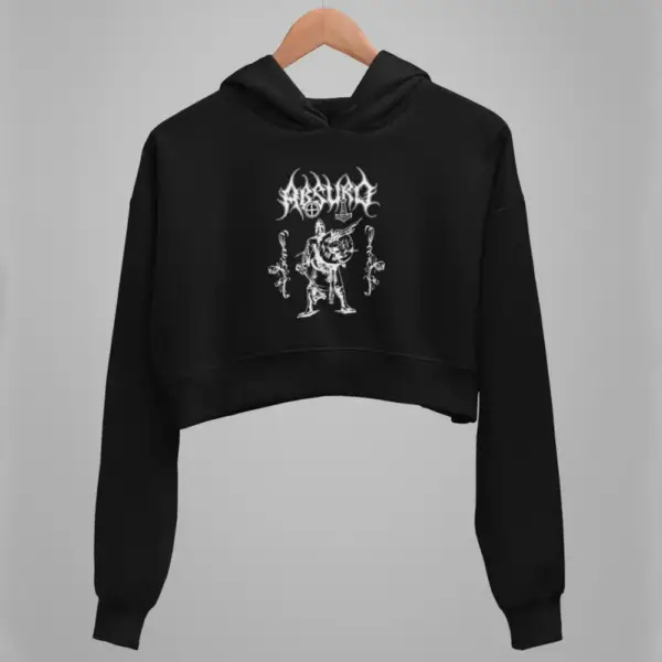 Absurd Crop Hoodie, Absurd Artwork Black Crop Sweatshirt