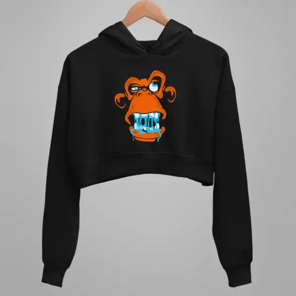 Ape Hoodie, Ape Artwork Black Crop Sweatshirt