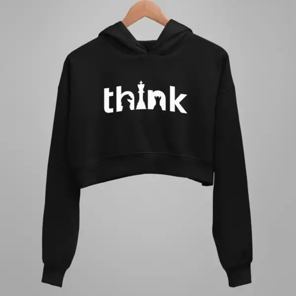 Chess Crop Hoodie, Chess Think Black Crop Sweatshirt