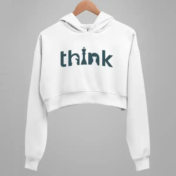 Chess Crop Hoodie, Chess Think White Crop Sweatshirt