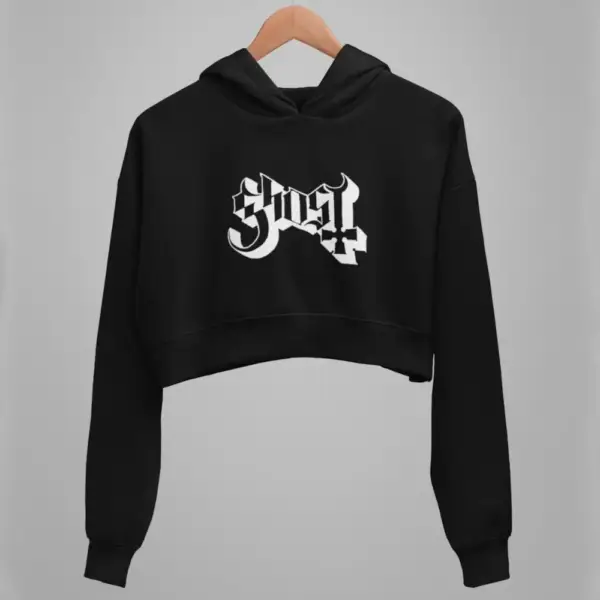 Ghost Crop Hoodie, Ghost Logo Black Crop Sweatshirt