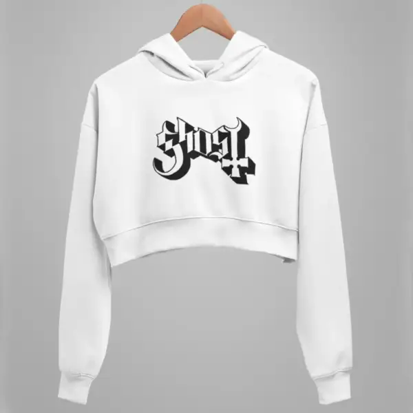 Ghost Crop Hoodie, Ghost Logo White Crop Sweatshirt