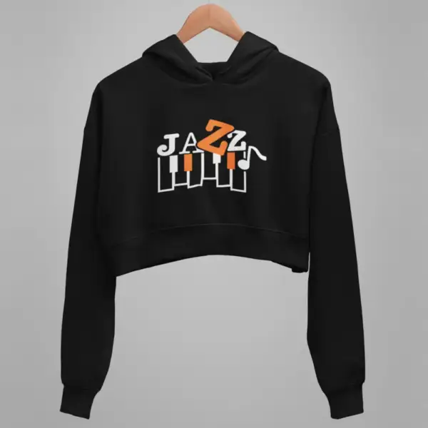 Jazz Crop Hoodie, Jazz Artwork Black Crop Sweatshirt