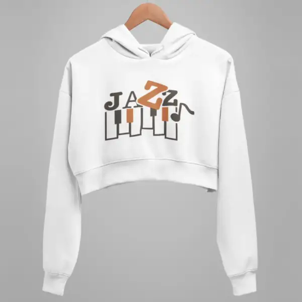 Jazz Crop Hoodie, Jazz Artwork White Crop Sweatshirt