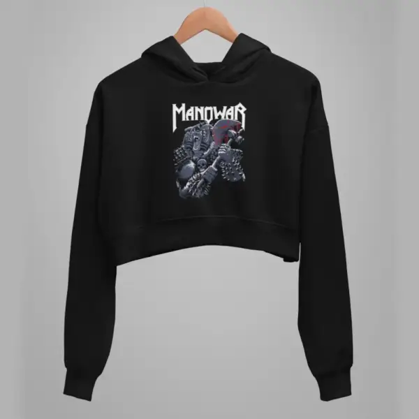 Manowar Crop Hoodie, Manowar Artwork Black Crop Sweatshirt
