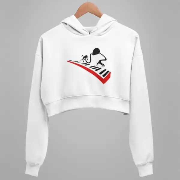 Piano Crop Hoodie, Piano Artwork White Crop Sweatshirt
