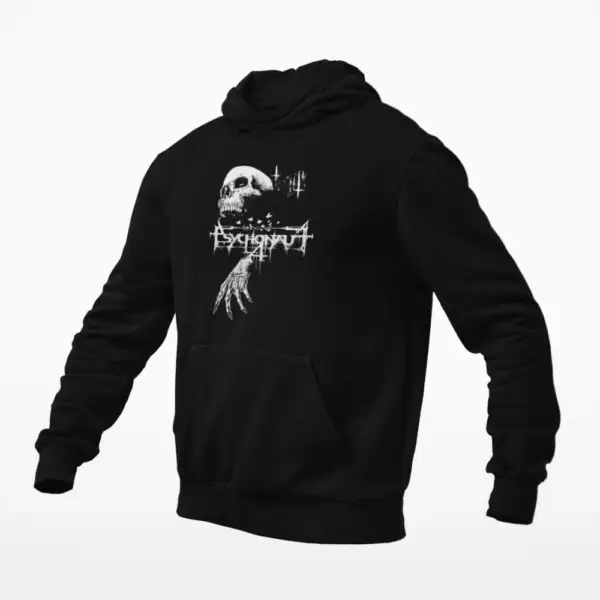 Psychonaut 4 Hoodie, Psychonaut 4 Logo Skull Artwork Black Hoodie, Black Metal Merchandise