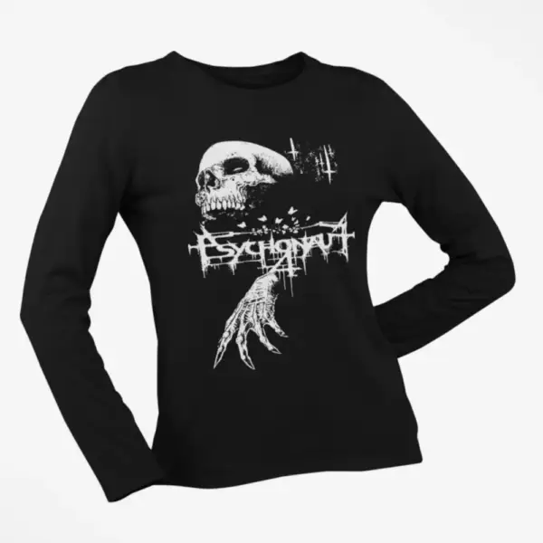 Psychonaut 4 Longsleeve T-Shirt, Psychonaut 4 Logo Skull Artwork Black Long Sleeve, Black Metal Merchandise - Image 2
