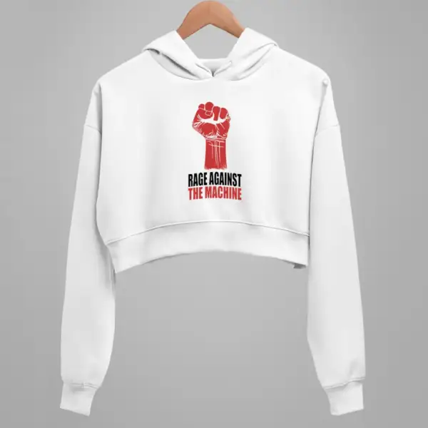 Rage Against The Machine Crop Hoodie, Rage Against The Machine Artwork White Crop Hoodie