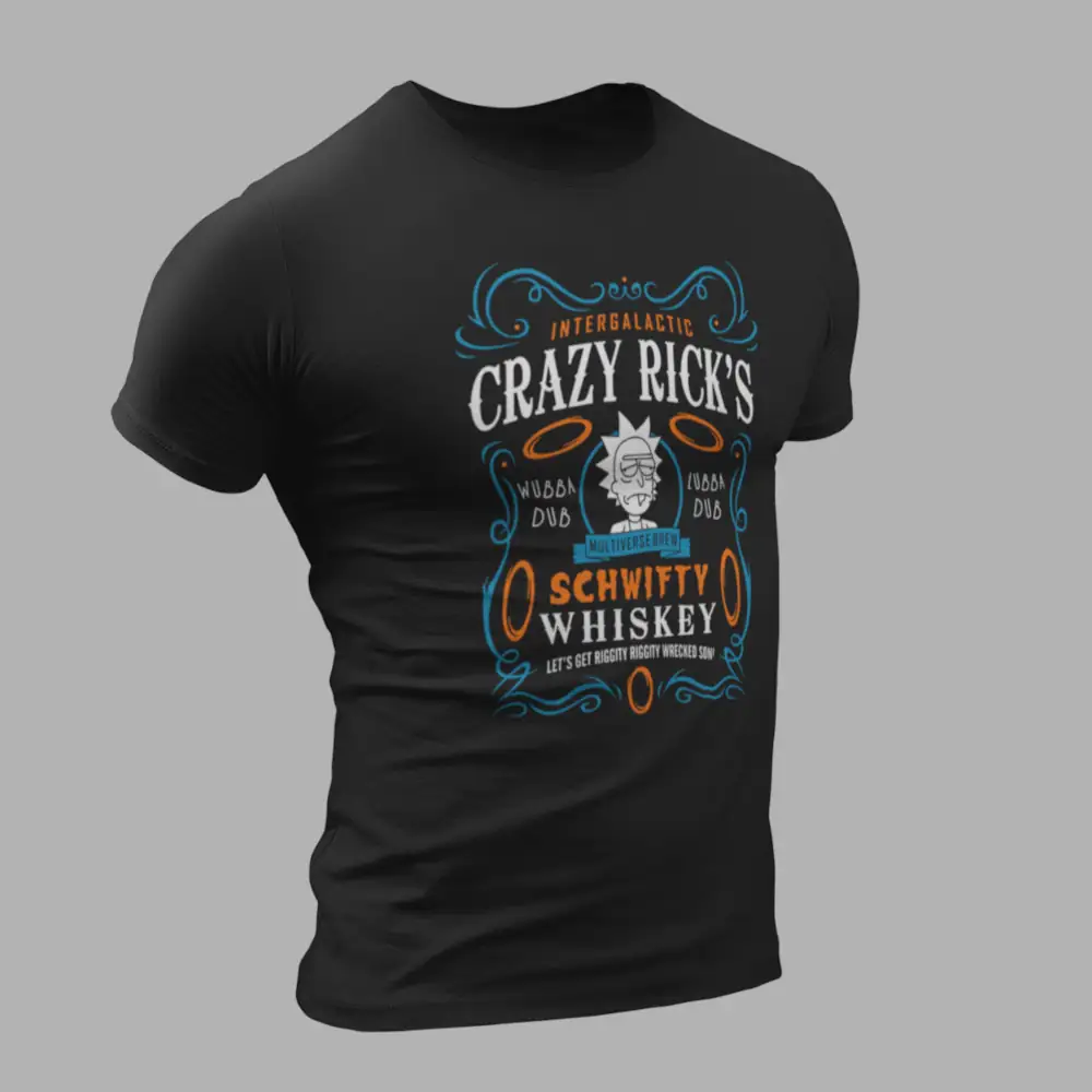 Rick and Morty T-Shirt, Crazy Rick's Schwifty Whiskey Black T-Shirt