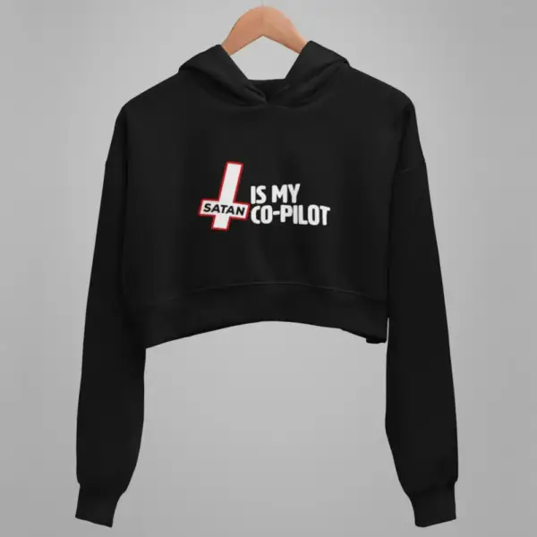 Satan Crop Hoodie, Satan Is My Co-Pilot Black Crop Sweatshirt