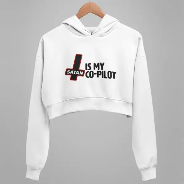 Satan Crop Hoodie, Satan Is My Co-Pilot White Crop Sweatshirt