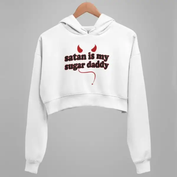 Satan Crop Hoodie, Satan Is My Sugar Daddy White Crop Sweatshirt