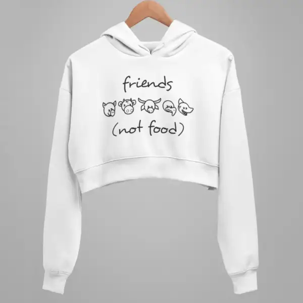 Vegan Crop Hoodie, Friends Not Food White Crop Sweatshirt