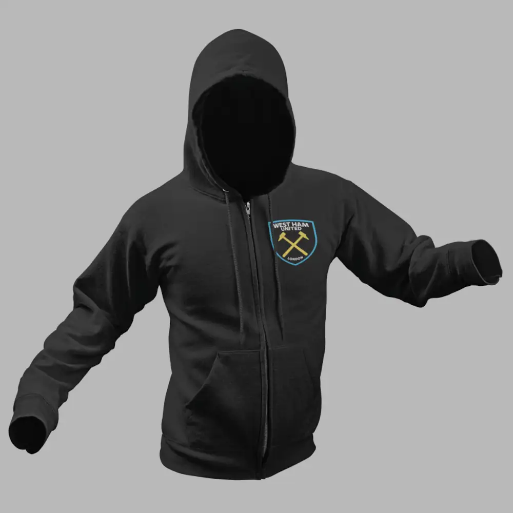 West Ham United FC Zip Hoodie, West Ham United FC Logo Black Zip Sweatshirt - Image 2