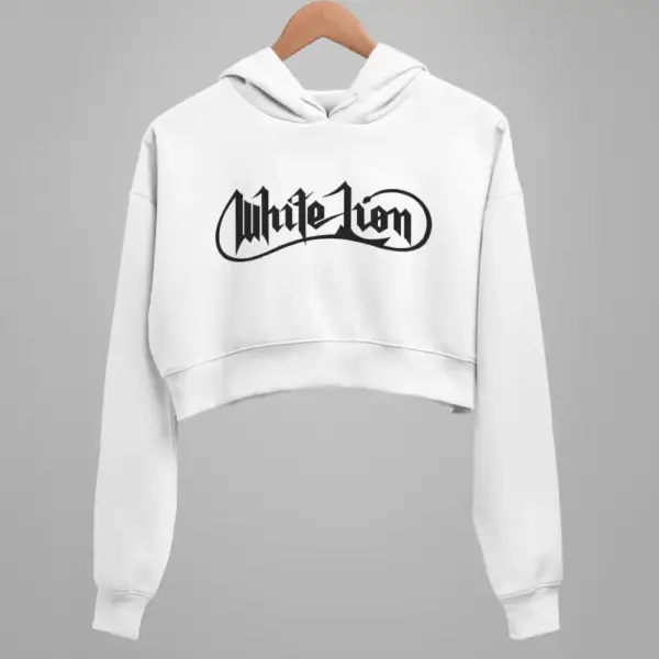 White Lion Crop Hoodie, White Lion Logo White Crop Sweatshirt