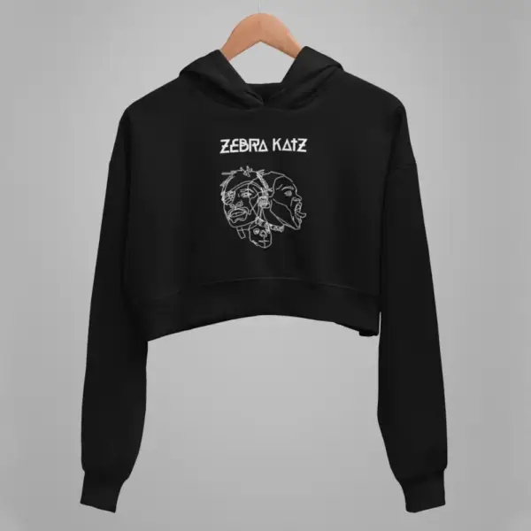 Zebra Catz Crop Hoodie, Zebra Catz Logo Artwork Black Crop Sweatshirt